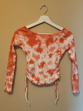 Girl's Tie-Dye Ruched Long Sleeve Top - Orange White